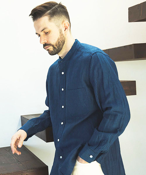 CLASSIC PATTERN INDIGO LINEN / BAND COLLAR SHIRT SHIRTS | MR
