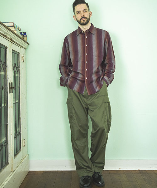 長袖 カットソー L マルデオリ トレーナー ジャージ オリーブグリーン RAYON TWILL STRIPE / REGULAR COLLAR SHIRT SHIRTS | MR.OLIVE