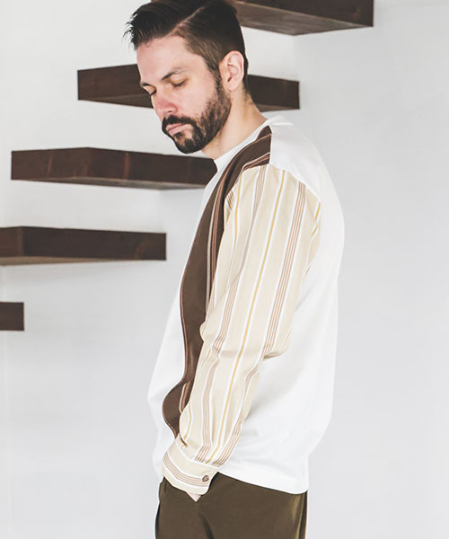 MIX MATERIAL / MULTI STRIPE HYBRID SHIRT SHIRTS | MR.OLIVE