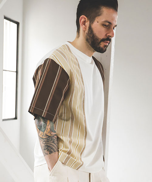 MIX MATERIAL / MULTI STRIPE HYBRID T-SHIRT CUT&KNIT | MR