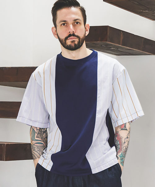 MIX MATERIAL / MULTI STRIPE HYBRID T-SHIRT CUT&KNIT | MR