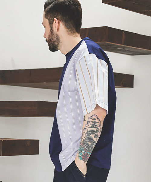 miriATO2色 MIX MATERIAL / MULTI STRIPE HYBRID T-SHIRT CUT&KNIT | MR
