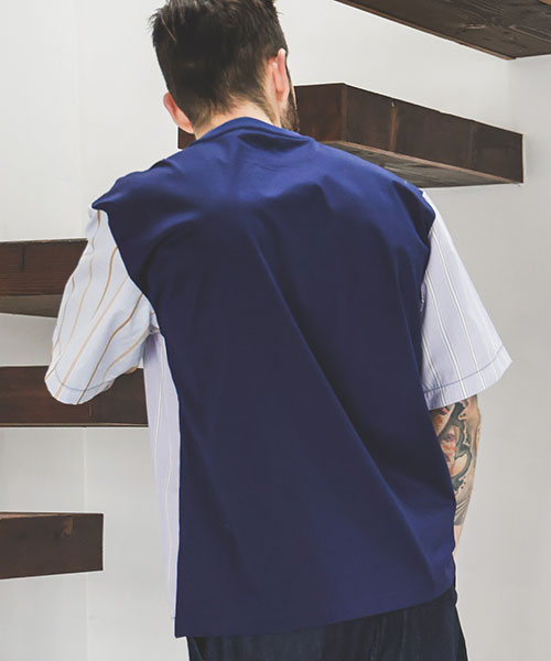 miriATO2色 MIX MATERIAL / MULTI STRIPE HYBRID T-SHIRT CUT&KNIT | MR